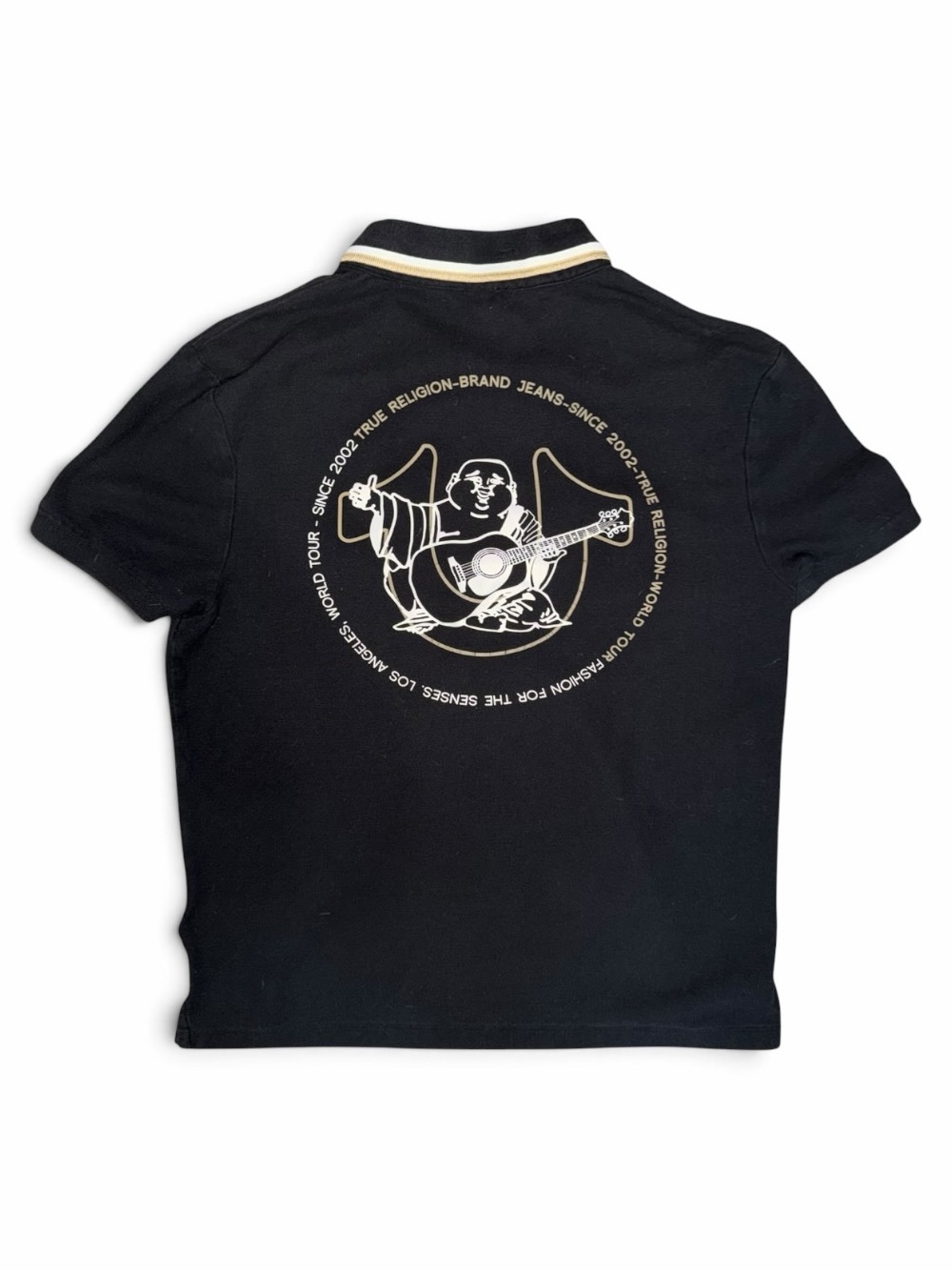 True Religion Black Polo with Cream Graphic Buddha Guitar